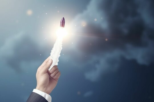 Male hand try to touch the rocket that startup. Business concept in surounding with high business buildings from the hand of businessman. Closeup of mans hand that startet new succses. generative ai