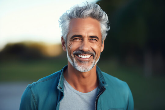Mature handsome man smiling with perfect white teeth - Generative AI