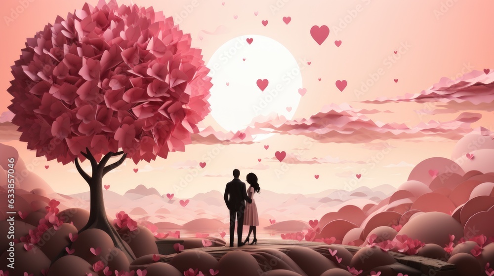 Poster a couple standing under a tree with hearts in the sky. generative ai image.