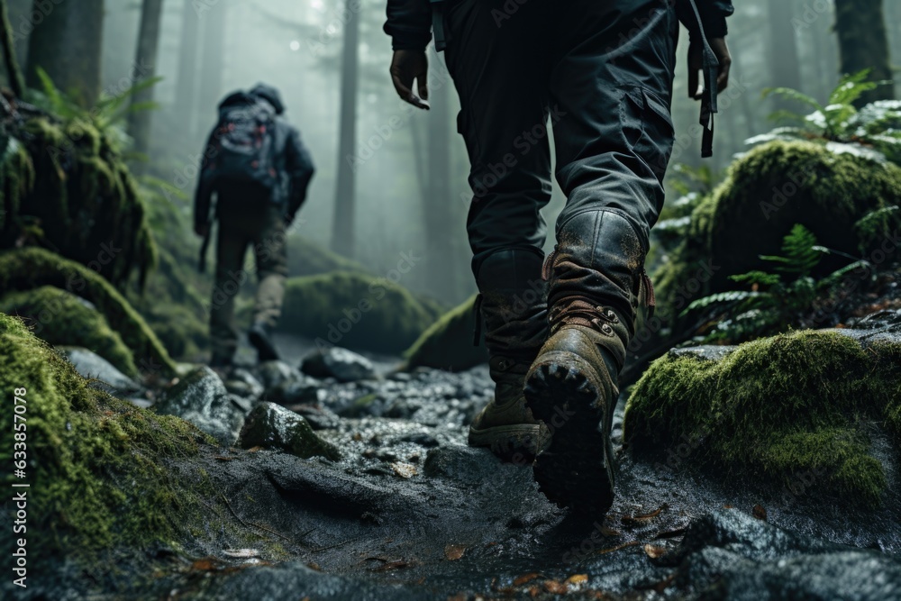 Poster two hikers walking through a forest in the fog. generative ai image.