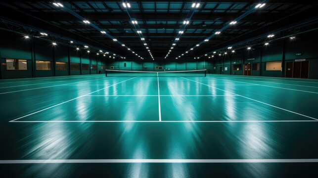 A badminton court with lights on. Generative AI image.