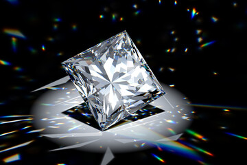 Princess cut diamond in a spotlight with colorful refraction rays on black background