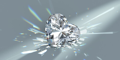 Heart cut diamond in a spotlight with colorful refraction rays on light blue background