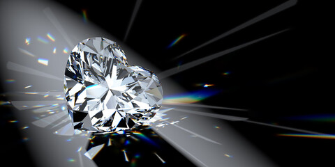 Heart cut diamond in a spotlight with colorful refraction rays on black background