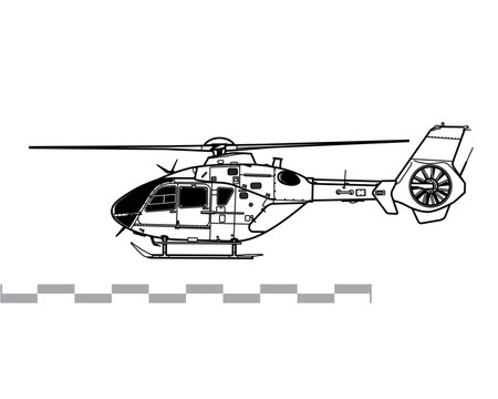 Eurocopter EC635, Airbus Helicopters H135M. Vector drawing of light utility helicopter. Side view. Image for illustration and infographics.