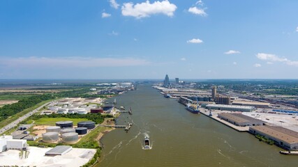 Aerial view of the port city on a summer day