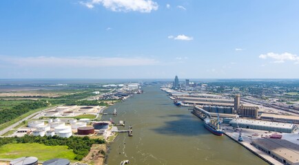 Aerial view of the port city on a summer day