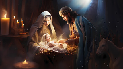 Krippendarstellung Weihnachten mit Maria, Josef und Christkind, Geburt Jesu, erstellt mit generativer KI - 633858891