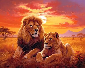 Lions basking under the golden savannah sunset.