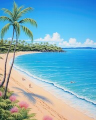 Fototapeta premium Sandy beach, clear blue waters, warm sun.