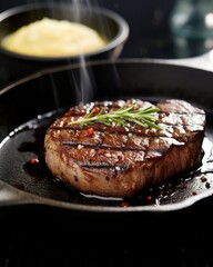 The beef rib eye steak is juicy and flavorful. (Generative AI)