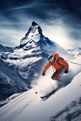 Naklejka na ściany i meble Skiing in the Swiss Alps with fresh snowfall.
