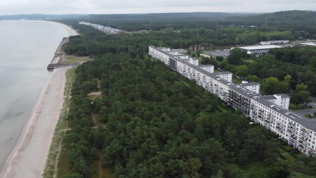 Aerial drone view on Prora, massive project built by the Nazi-Regime, currently reconstructed to host new flats and hotels. Baltic resort of Binz, Ruegen Island, Mecklenburg-Western Pomerania, Germany