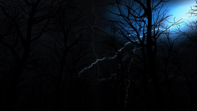 Lightning Strikes During A Super Thunderstorm In The Forest. Realistic 3D Animation. Seamless looped. 3840x2160.