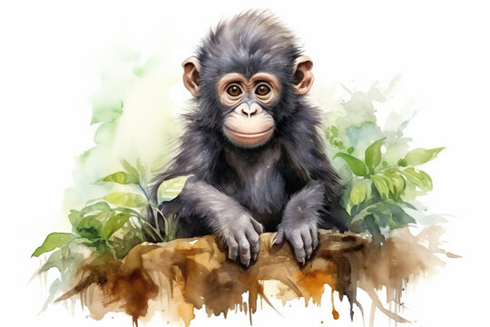 Watercolor painting of baby gorilla with copy space for text. Beautiful artistic animal portrait for poster, wallpaper, art print. Made with generative AI