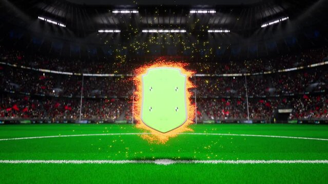 soccer match or player shield card, stadium background, visual effects, render, green keying with markers.