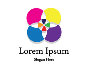 vector design of a logo with rounded edges or corners with a star-like symbol in the center consisting of many colors such as yellow blue pink purple green dark red orange and dark blue