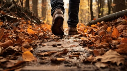 wandering feet on wet ground with fallen leaves in autumn