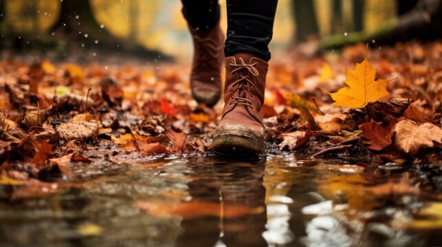 wandering feet on wet ground with fallen leaves in autumn