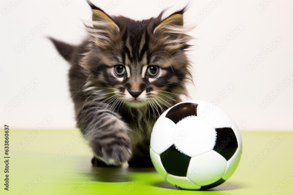 Poster a kitten playing with a soccer ball. generative ai image.