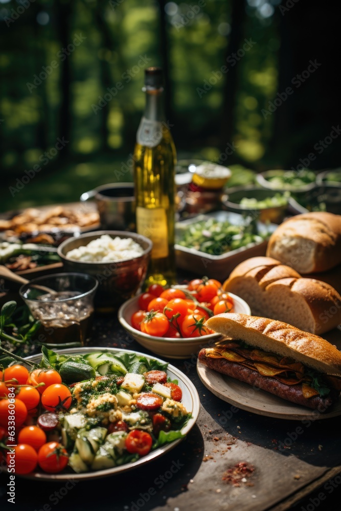 Poster A table with food and drinks. Generative AI image.