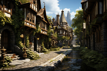 Fototapeta premium Fantasy Landscape Mysterious and Enchanted Realm: Explore an Otherworldly Landscapes with Mythical Castles and Whimsical Forests in a Quest for a Mystical Creature and Legendary Runes View Scenery