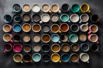 Different colors of coffee and tea cups placed on a flat surface. Generative AI