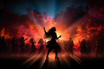 Laser dance show with a lady dancing in the front. Generative AI