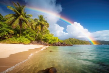 A tropical beach with a rainbow and rocks.