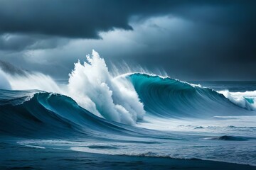 Dramatic portrayal of a turbulent sea with towering waves amidst a raging storm, depicting the raw power and intensity of nature in a visually stunning composition. Generative AI