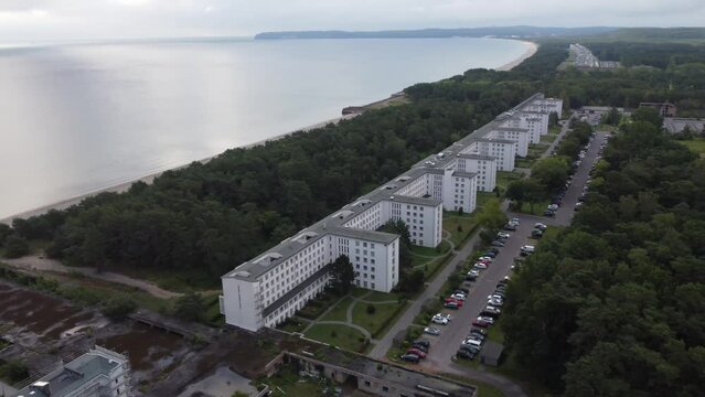 Aerial drone view on Prora,  Baltic resort of Binz, Ruegen Island, Mecklenburg-Western Pomerania, Germany