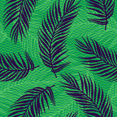 Fototapeta na wymiar Repeat tropical palm leaves vector pattern. Botanical elements over waves
