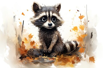 Adorable cartoon raccoon painting - obrazy, fototapety, plakaty