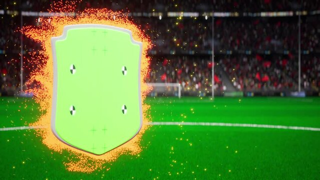 soccer match or player shield card, stadium background, visual effects, render, green keying with markers.