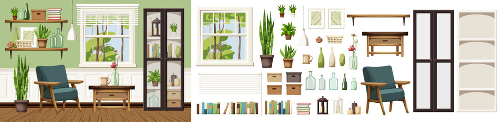 Living room interior with green walls, a black bookcase, an armchair, and a window. Modern interior design. Furniture set. Interior constructor. Cartoon vector illustration