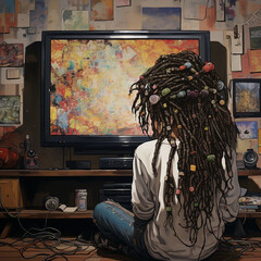A Young African American Girl With Braids Watching Television
