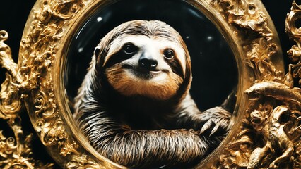 Portrait of a cute smiling sloth in a golden frame.