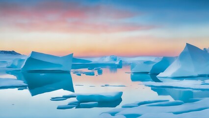 a group of icebergs floating in the water at sunset or dawn with a colorful sky in the background, photorealism Global warming concept