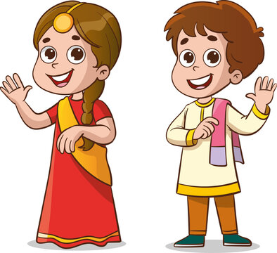 Indian boy and girl in traditional clothes. Vector illustration of a cartoon character.