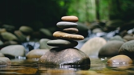 Obraz na płótnie Canvas Stones on river symbolize meditation, balance, relaxation, and peace. (Generative AI)