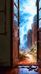 a painting of a door leading to a scenic cliff side area with a dirt path leading to a cliff, fantasy matte painting, magic realism