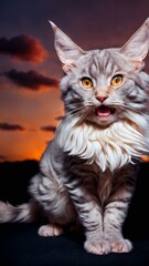 Portrait of a purebred cat of siberian breed. long white fur sitting in front of a sunset background with clouds and a sky with orange colors