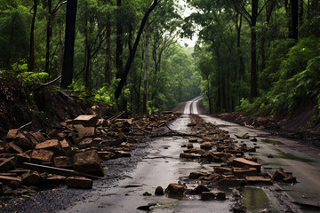 path in the forest. natural disasters. village landslide on the road. stones. difficulty on the road. forest after the rain. natural elements. road flooding. do not pass the car - obrazy, fototapety, plakaty