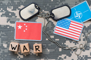 Fototapeta premium Military uniform, tag and national flag of USA china on color background