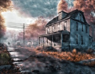 Abandoned house, run down, foggy