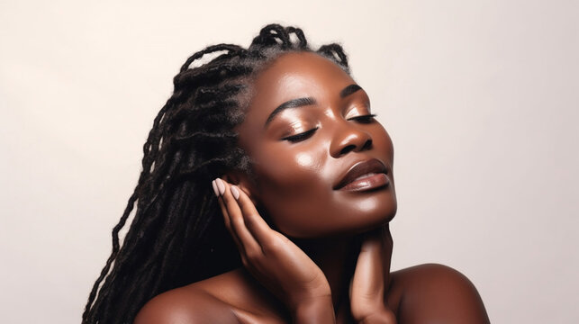 Portrait close up of middle aged black woman with dreadlocks touching face natural beauty shot 