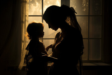 An awe-inspiring image of a mother and baby captured in silhouette against a window, the soft light accentuating their connection 