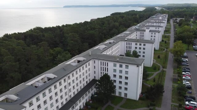 drone Aerial view on Prora, massive project built by the Nazi-Regime, currently reconstructed to host new flats and hotels. Baltic resort of Binz, Ruegen Island, Mecklenburg-Western Pomerania, Germany
