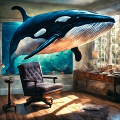 3D rendering of a giant killer whale in the interior of a room, an orca jumping out of the water into a room with a chair and a desk in front of it, magic realism - obrazy, fototapety, plakaty