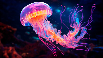 Obraz premium neon glowing jellyfish, underwater background